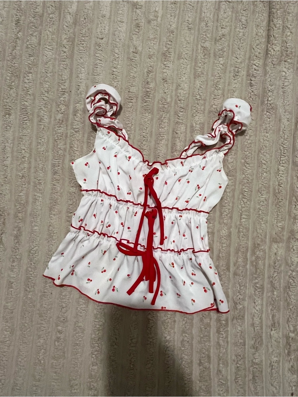 White Cherry-Print Ruffle Tie-Front Crop Top